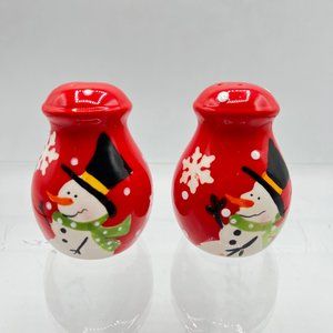 Christmas Snowman Salt Pepper Shaker Set Red White Snowflakes Holiday Decorative